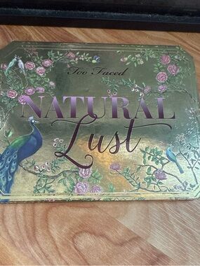 Too Faced Gold Eyeshadow Tin with Purple Lettering and Floral Art